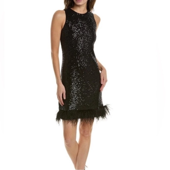 NEW Taylor Feather Trim Sequin Cocktail Party Dress Flapper Style Black Size 10 - Picture 1 of 15